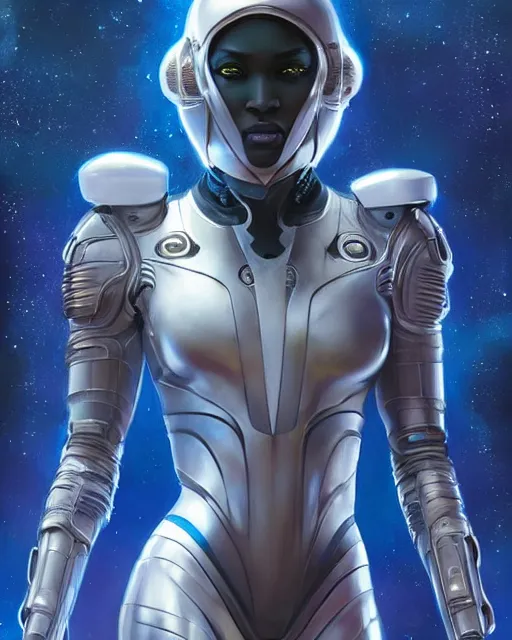 Image similar to Epic Poster of very very very very very very beautiful african woman, spacesuit, futuristic cybernetic helmet, blue eyes, real life skin, intricate, elegant, highly detailed, artstation, concept art, smooth, sharp focus, art by artgerm and greg rutkowski and alphonse mucha