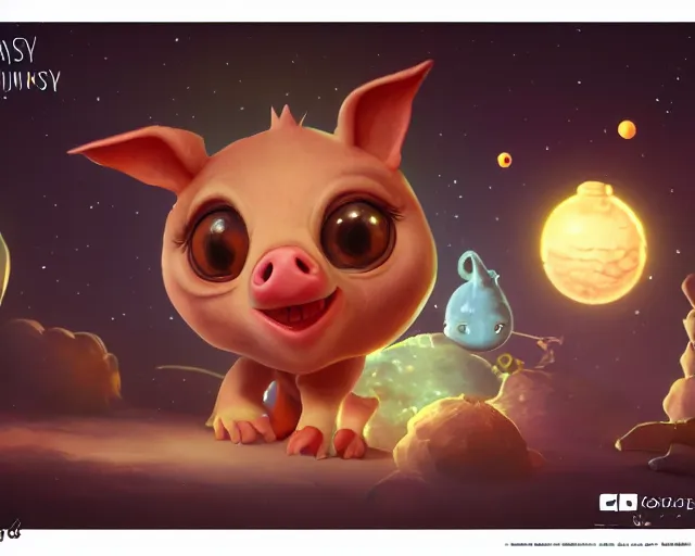 Image similar to 3D Fantasy Cute and adorable space piglet , huge adorable eyes, bright stars, Smooth 3D Illustration, soft render, Servando Lupini, Daniil Kudriavtsev, handpaint texture, Blender, 3DCoat