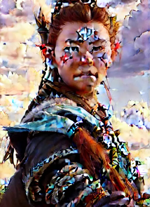 Prompt: portrait of Aloy from Horizon Zero Dawn in the style of League of Legends practicing, countryside, calm, fantasy character portrait, dynamic pose, above view, sunny day, thunder clouds in the sky, artwork by Jeremy Lipkin and Giuseppe Dangelico Pino and Michael Garmash and Rob Rey and Jean Giraud, very coherent asymmetrical artwork, sharp edges, perfect face, simple form, 100mm