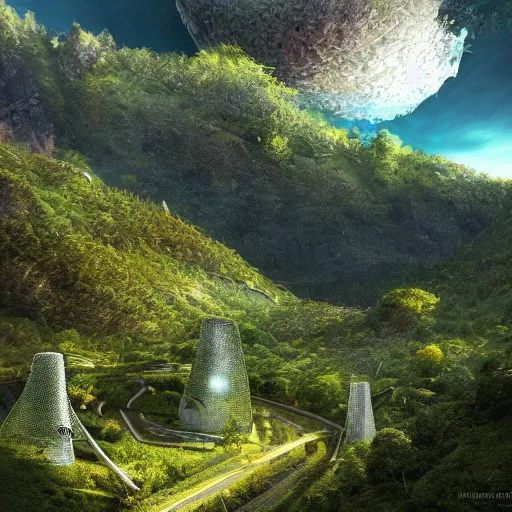 Image similar to vertical farm towers and sci - fi dome in a steep sided valley with trees, a sense of hope, high res, 4 k, stark light, edouard groult, bynde, kirill leonov