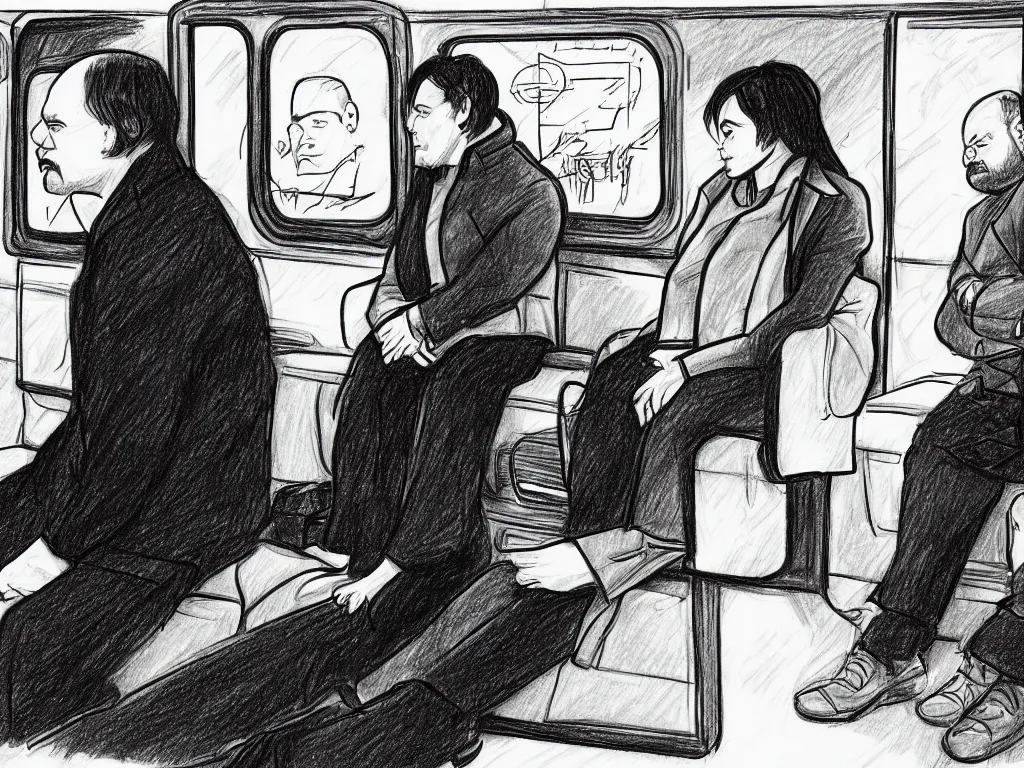 Prompt: a drawing by Jaime Hernandez, a low angle medium shot of two people sitting in an empty Chicago subway train, in front of windows: a sad Aubrey Plaza wearing a winter coat and a man who looks like a mix of (Louis CK and Philip Seymour Hoffman) in a suit