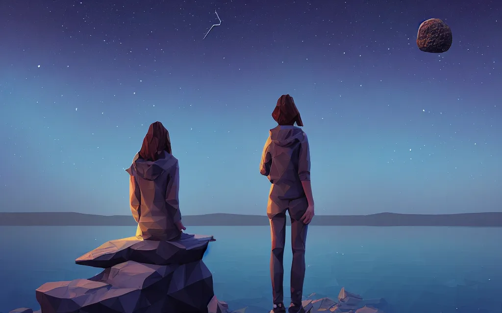 Image similar to girl staring at a meteorite hitting a calm lake at night by wlop, low poly art, ultra detailed color art, high detail, digital art