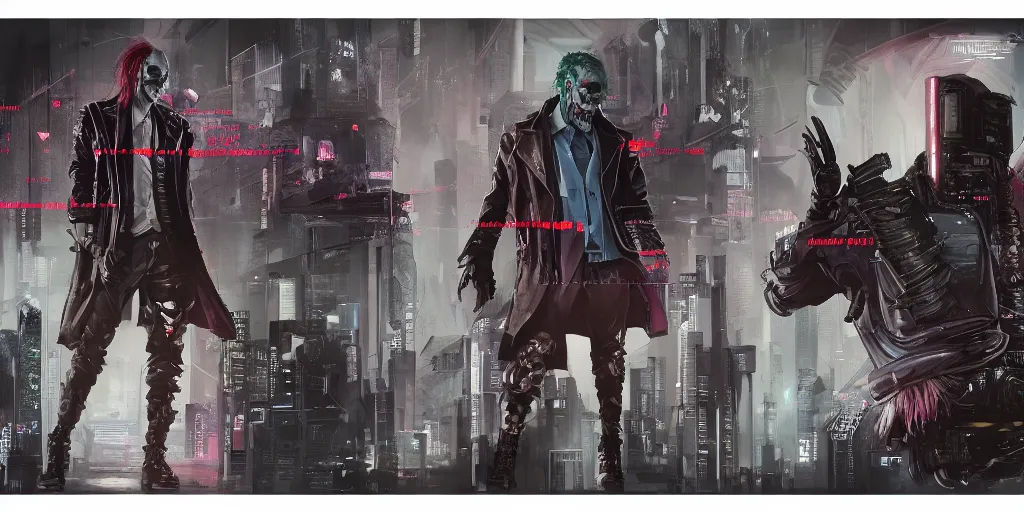 Image similar to cyberpunk the joker, character sheet, concept design, contrast, kim jung gi, greg rutkowski, zabrocki, karlkka, jayison devadas, trending on artstation, 8 k, ultra wide angle, pincushion lens effect