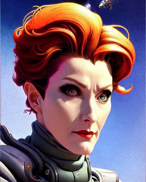 Prompt: moira from overwatch, character portrait, portrait, close up, concept art, intricate details, highly detailed, vintage sci - fi poster, in the style of chris foss, rodger dean, moebius, michael whelan, and gustave dore