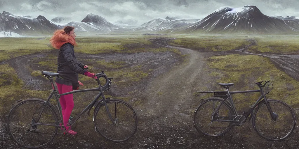 Prompt: A digital painting by Simon Stålenhag of a woman in north face clothes on a touring bike on a gravel road of Iceland. The bike has vaude saddlebags mounted on the rack of the bike. Around the road there are monumental old ruins tower of a dark misty forest,overcast, sci-fi