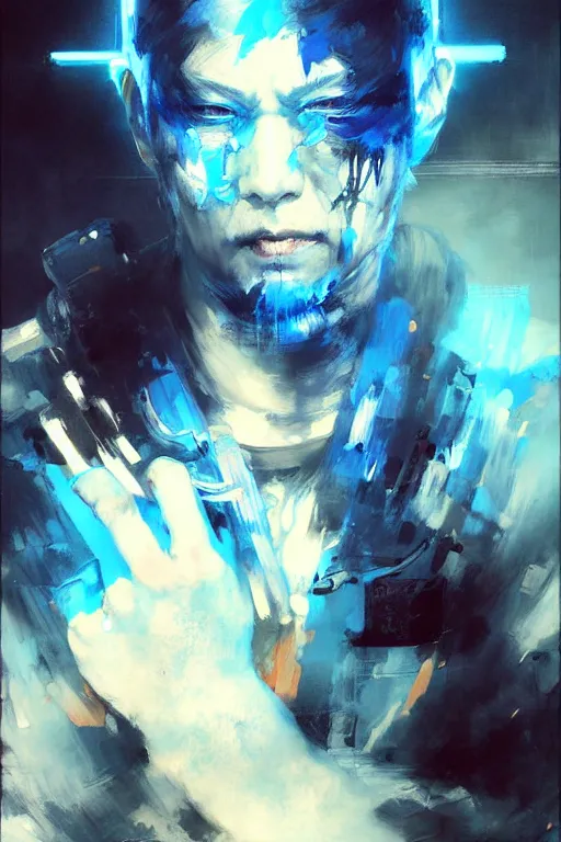 Prompt: gojo satoru, painting, beautifully glowing light blue eyes, collaborative artwork of greg ruthowski, yoji shinkawa, ruan jia, exquisitely high quality and detailed