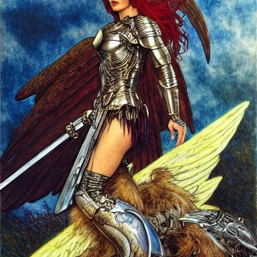 Prompt: quarter length portrait of a winged, armored female valkyrie with a flaming sword, d & d, fantasy, luis royo, magali villeneuve, donato giancola, wlop, krenz cushart, hans zatka, klimt, alphonse mucha