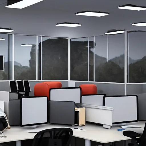 Image similar to a large number of monkeys are sitting in cheap office chairs staring at computer screens in a crowded office with cubicles, the computer screens have bitcoin logos, hyperrealism, unreal engine 5, 4 k, harsh contrast lighting