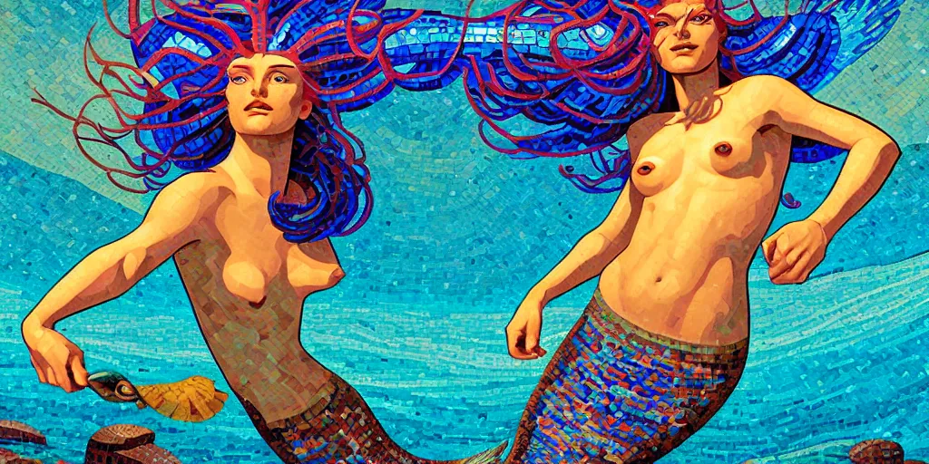 Prompt: roman mosaic of bluehead mermaid in sea, low ceiling, dynamic light, illustration by moebius, rhads, syd mead, dan mumford, clean thick line, comics style