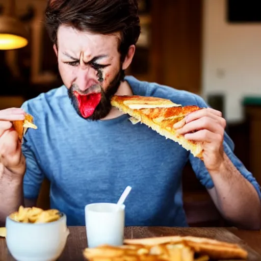 Image similar to man eating a messy sandwich and crying, food falling onto the table, sadness