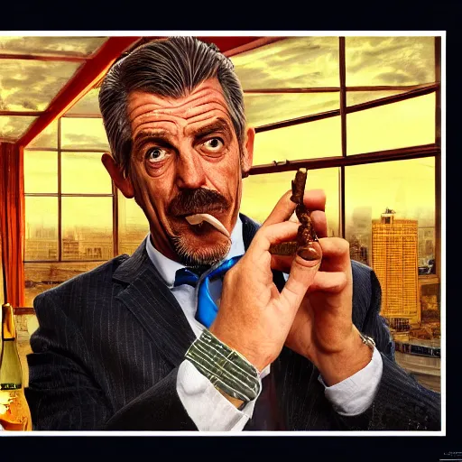 Image similar to Mr. House, realistic, highly detailed face, looks at the nuclear explosion, from the window of the Lucky 38 Casino, man smokes a cigar, ! holding in his Hand !, arm,cigarette advertising, hyperdetailed, artstation trending, ultra HD, artstation, photorealism, ultrarealistic, retro, 45mm, elegant,