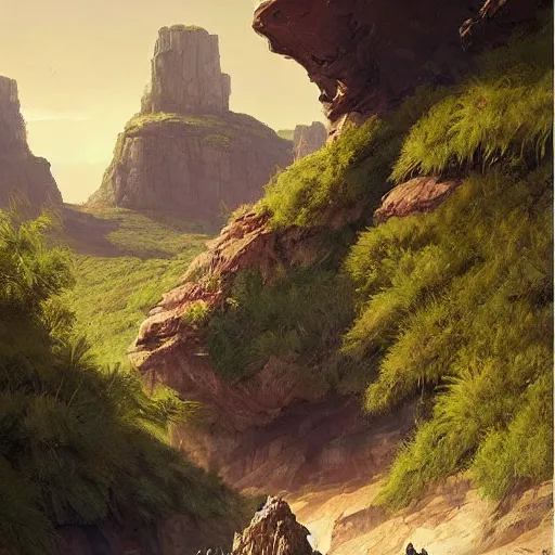 Prompt: painting of a lush natural scene on an alien planet by greg rutkowski. beautiful landscape. weird vegetation. cliffs and water.