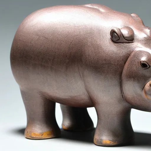 Image similar to small hippo statue, wood blocks bottom hippo body, blue chrome top hippo body, by a genius craftsman, highly detailed, wood block bottom hippo body wood