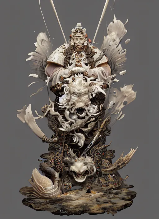 Image similar to subsurface scattering, white, koi, samurai deity with carved ivory armor, by jesper ejsing, james jean, justin gerard, tomasz alen kopera, cgsociety and fenghua zhong, highly detailed, rim light, cinematic lighting, illustration, art, octane render, very coherent, cinematic, hyper realism, high detail, 8 k