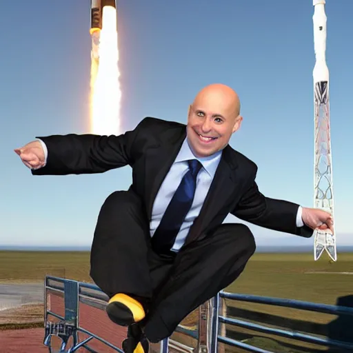 Prompt: A bald Tory Bruno in a suit, riding atop a rocket engine