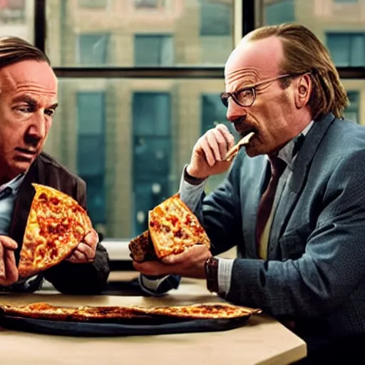 Prompt: Saul Goodman eating pizza with Walter White