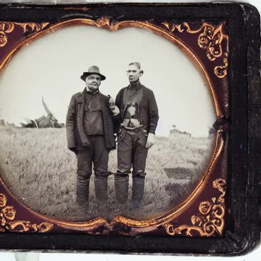 Image similar to tintype photo of hunters with a alien