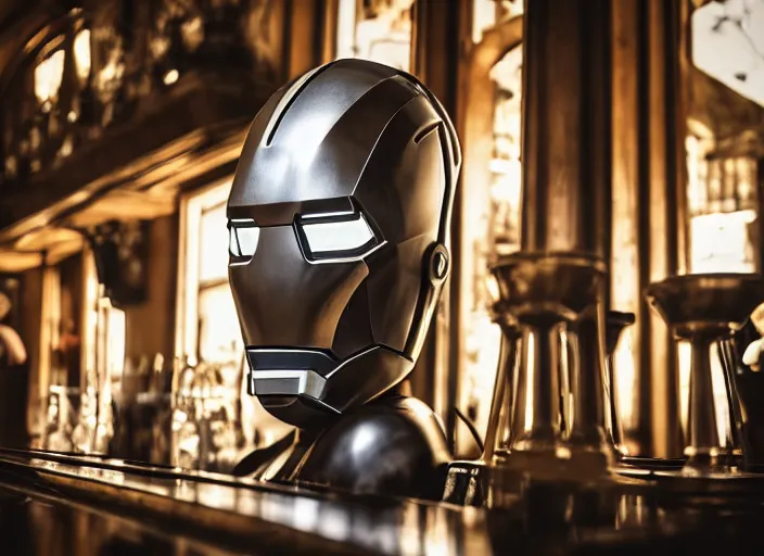 Image similar to a reflective steel engineering ironman - mask at a high end bar in a medieval themed castle in golden afternoon light, professional photography