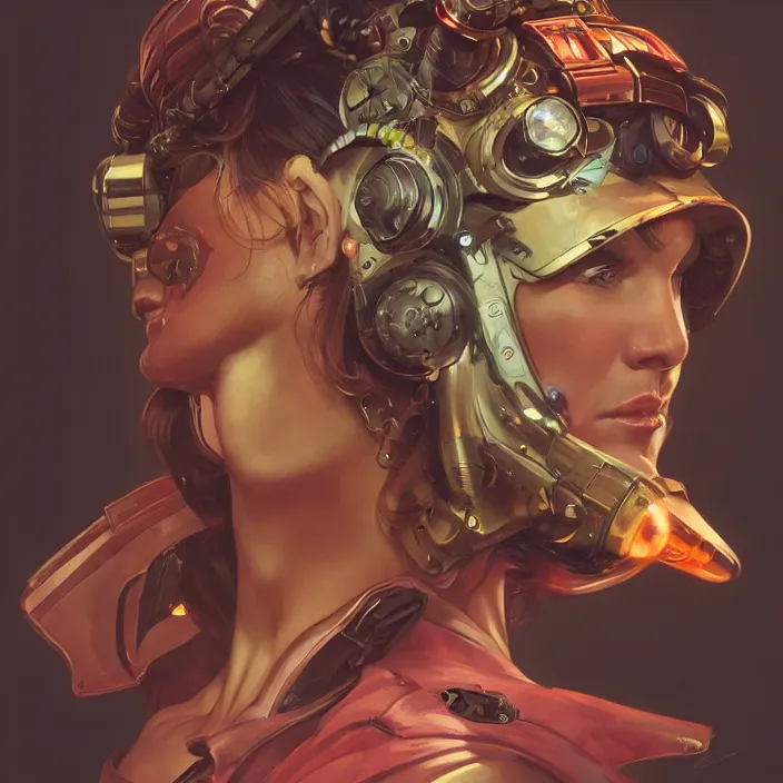 Image similar to a head and shoulders portrait of a space pirate, neon, retro, steampunk, smooth, sharp focus, intricate, artstation, detailed concept art by Rutkowski and Mucha and sky sewa and Caravaggio