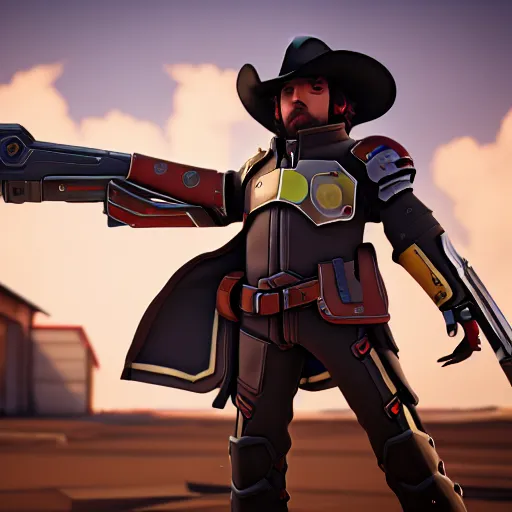 Prompt: a young boy with the appearance and armor of mccree from overwatch, design, octane render, 4 k, ingame shot