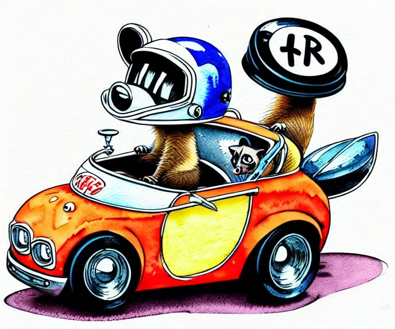 Image similar to cute and funny, racoon wearing racing helmet riding in a tiny hot rod coupe with oversized engine, ratfink style by ed roth, centered award winning watercolor pen illustration, isometric illustration by chihiro iwasaki, edited by range murata