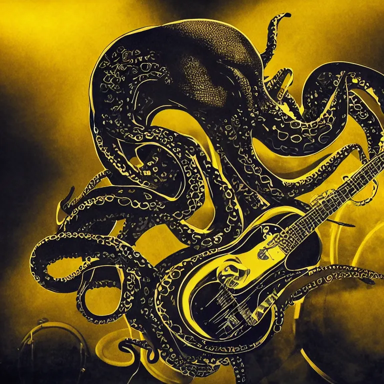 Prompt: a beautiful vinyl cover by bruce holwerda of an octopus playing drums and telecaster guitar in an electronic concert, dark background, concert light, dark mood, cold lighting