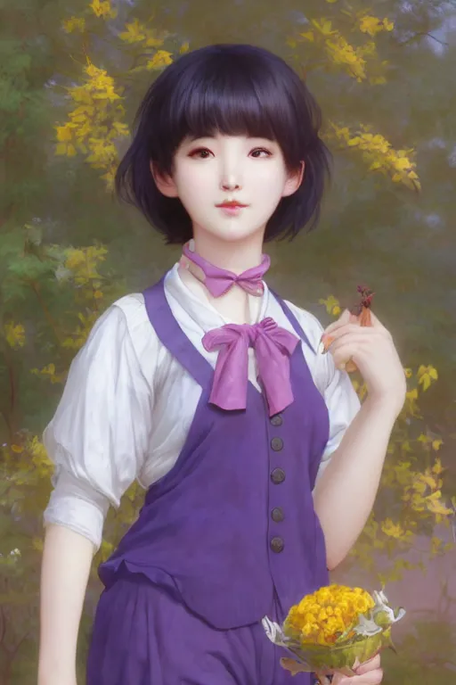 Image similar to Portrait of Eunha from Viviz and gFriend with short hair wearin purple overall shorts, short puffy pants, white tights, Golden Ribbon, and a billowy scarf. masterpiece 4k digital illustration by Ruan Jia and Mandy Jurgens and Artgerm and greg rutkowski and Alexander Tsaruk and WLOP and william-adolphe bouguereau, award winning, Artstation, art nouveau aesthetic, Alphonse Mucha background, intricate details, realistic, panoramic view, Hyperdetailed, 8k resolution, intricate art nouveau