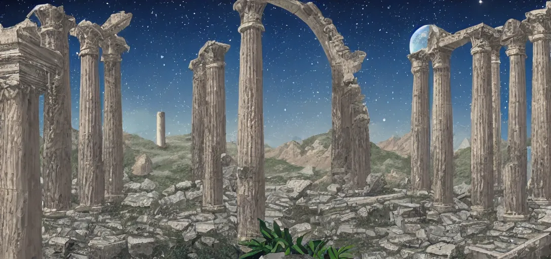 Image similar to The ruins of the Silver Millennium on the moon from Sailor Moon, digital painting, Earth in the distance, Greek-esque columns and ruins