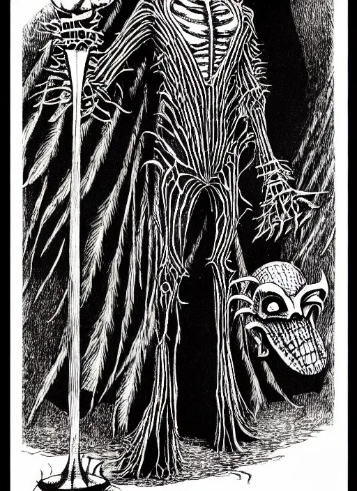 Image similar to michael keaton as beetlejuice, as a d & d monster, full body, pen - and - ink illustration, etching, by russ nicholson, david a trampier, larry elmore, 1 9 8 1, hq scan, intricate details, inside stylized border