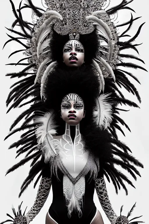 Prompt: fierce looking beautiful young woman dancers on fire with afro hair and symmetrical white makeup, wearing intricate bodysuit and headdress made from white bones and black feathers, hyperdetailed illustration by irakli nadar and alexandre ferra, intricate linework, in the style of a national geographic portrait, unreal engine 5 highly rendered, global illumination, radiant light, detailed and intricate environment