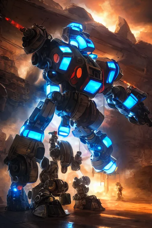 Image similar to mechwarrior 5 : mercenaries mech megaman transformer robot boss tank engine game octane render, 4 k, hd 2 0 2 2 3 d cgi rtx hdr style chrome reflexion glow fanart, global illumination ray tracing hdr fanart arstation by ian pesty by jesper ejsing pixar and disney unreal zbrush central hardmesh