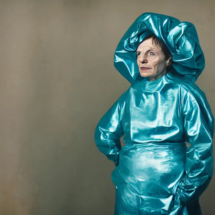 Image similar to closeup portrait of a woman wrapped in teal cellophane, standing in a derelict science lab, color photograph, by paula rego, canon eos c 3 0 0, ƒ 1. 8, 3 5 mm, 8 k, medium - format print