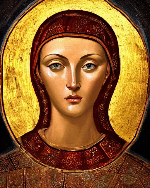 Prompt: byzantine fresco portrait of woman in shining golden armor, high production value, intricate details, high resolution, hdr, high definition, masterpiece, realistic, ultrarealistic, highly detailed, hd, sharp focus, non blurry, sharp, smooth