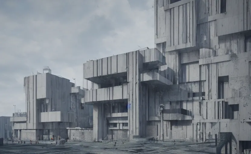 Image similar to Brutalist architecture buildings, octane render, artstation trending, horror scene, highly detailded