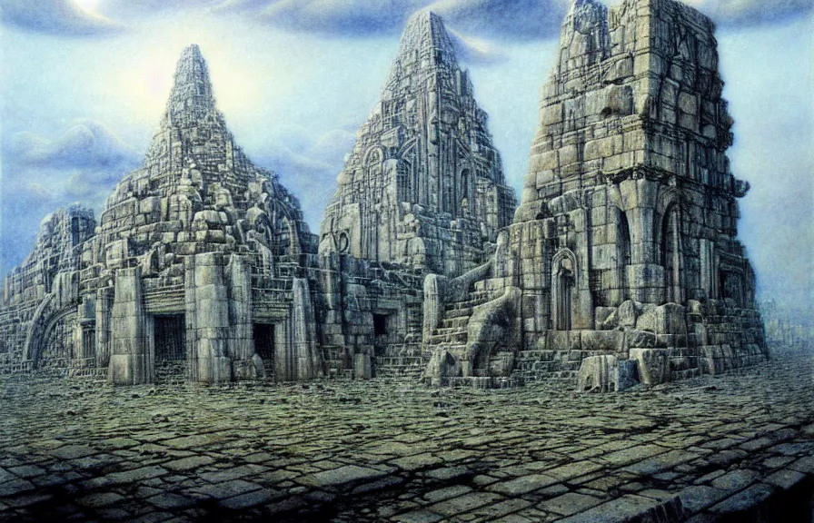 Prompt: an epic painting by alan lee of a massive city constructed of ancient stone of impossible architecture floating in the astral plane