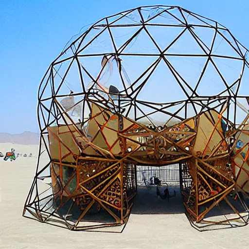 Prompt: epic geometric cat shaped canvas dome stage installation burning man playa