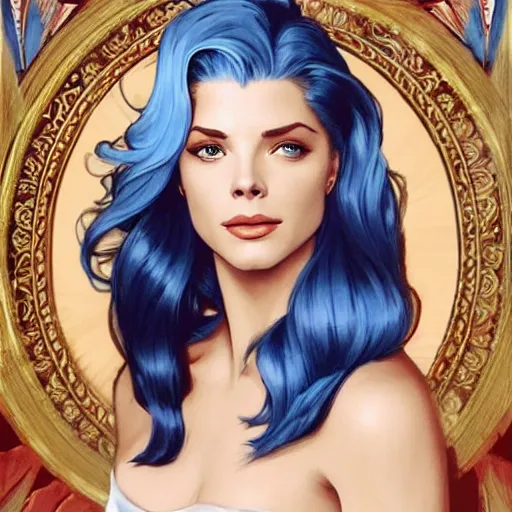 Image similar to A combination of Grace Kelly's and Katheryn Winnick's and Ashley Greene's faces with blue hair as She-Ra, western, D&D, fantasy, intricate, elegant, highly detailed, digital painting, artstation, concept art, matte, sharp focus, illustration, art by Artgerm and Greg Rutkowski and Alphonse Mucha