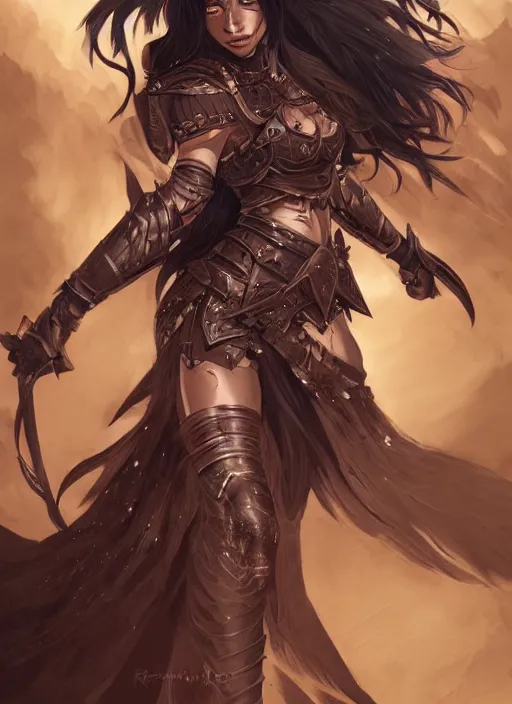 Image similar to beautiful warrior lady, black long hair, practical armor, brown skin, demonic eyes, low fantasy, extremely detailed, sharp focus, smooth, digital illustration, by rossdraws, frank franzzeta, sakimichan