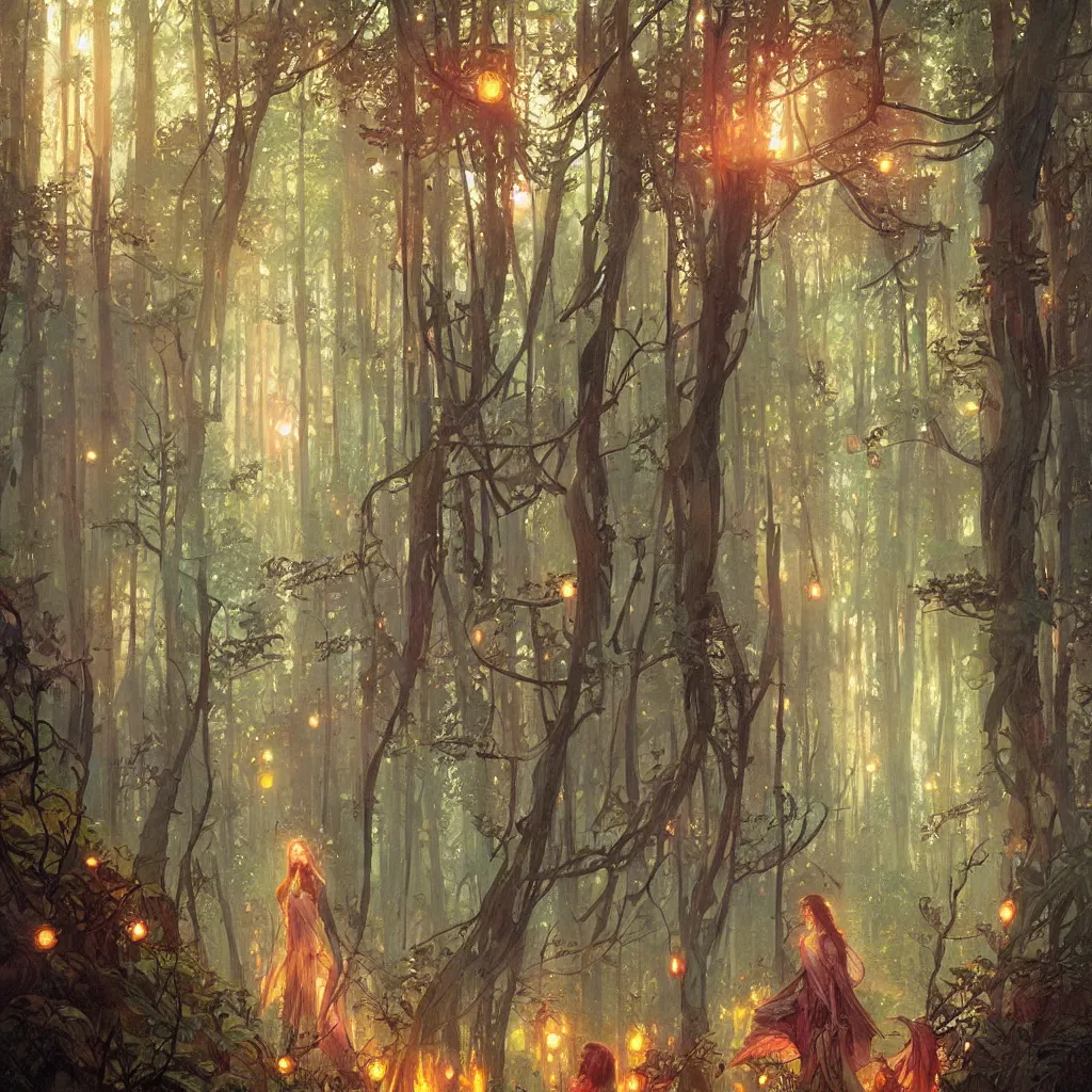 Image similar to forest, overdetailed art, by greg rutkowski, by alfons mucha, complementing colors, magic, colorful lights, fireflies, detailed illustration