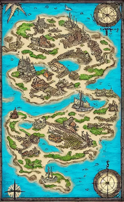 Image similar to dnd shore port town and docks on islands, hand painted and drawn map