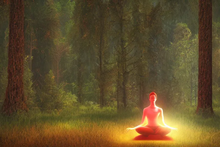 Prompt: meditating in the forest, astral, synthwave, realism, 8 k