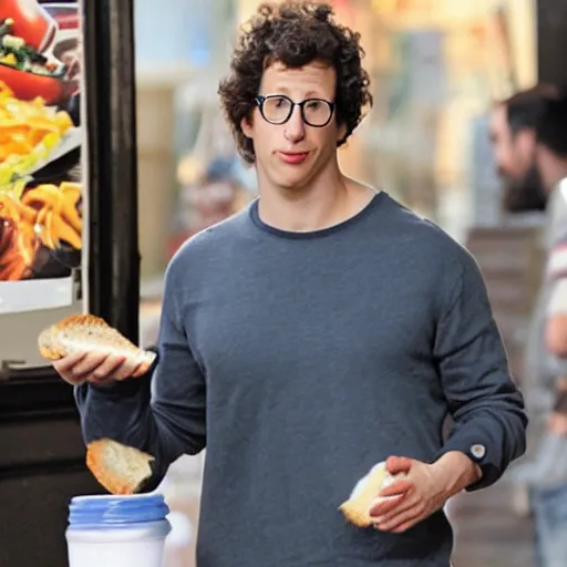 Prompt: andy samberg eating a sandwich