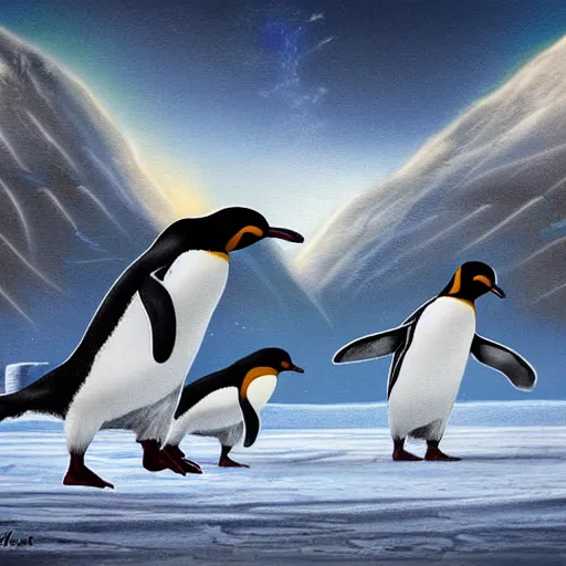 Image similar to penguins running away from lightening strikes while running on ice,, highly detailed, high quality, 8 k, soft lighting, art by mary jackson