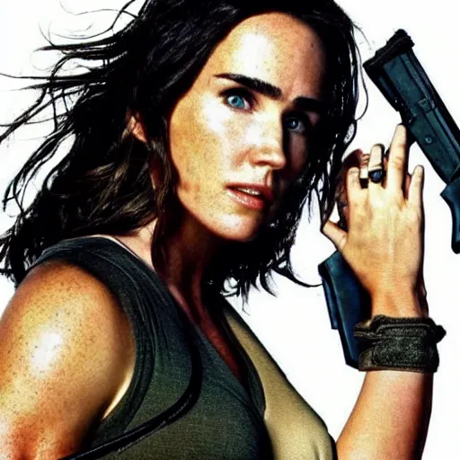 Prompt: Jennifer Connelly plays Lara croft, promo poster, movie poster, cool pose