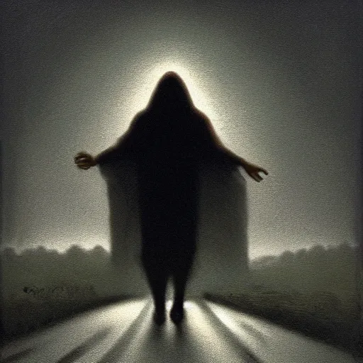 Prompt: creepy humanoid masculine silhouette hovering above a foggy road, gerald brom, horror