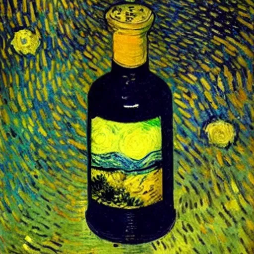 Image similar to a bottle on display filled by the sky painting by van gogh starry night, by van gogh