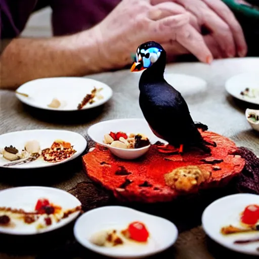 Prompt: The emperor dining on dragon hearts, surrounded by a court of puffins. By a food photographer. instagram. twilight. Raucous. Joyful.