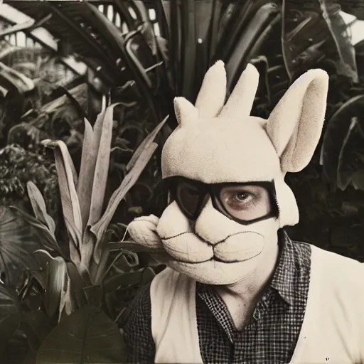 Image similar to grainy head to shoulder portrait Polaroid film photograph of a 1950's man wearing a rabbit mask in a tropical greenhouse. looking at the camera!!. super resolution. Extremely detailed. Polaroid 600 film. by Annie Leibovitz and Richard Avedon