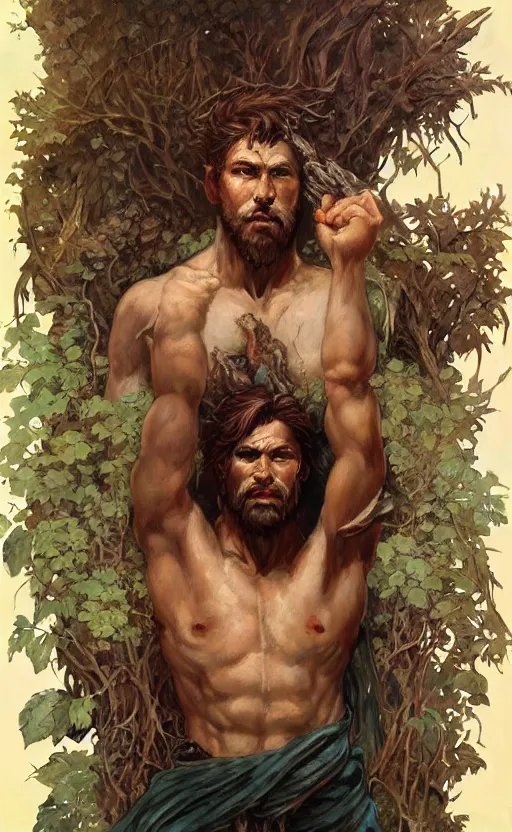 Image similar to god of the forest, 3 0 years old, rugged, handsome, male, detailed face, clean lines, atmospheric lighting, amazing, full body, thighs, flowers, muscular, intricate, highly detailed, digital painting, deviantart, concept art, sharp focus, illustration, art by greg rutkowski and alphonse mucha