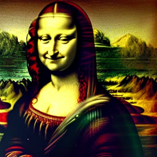 Prompt: an photo of monalisa watching her self in her monalisa painting